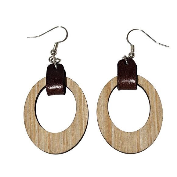 Boho Chic Wooden Hoop Dangle Earrings Brown Leather Accents Fashion Jewelry - Picture 1 of 3